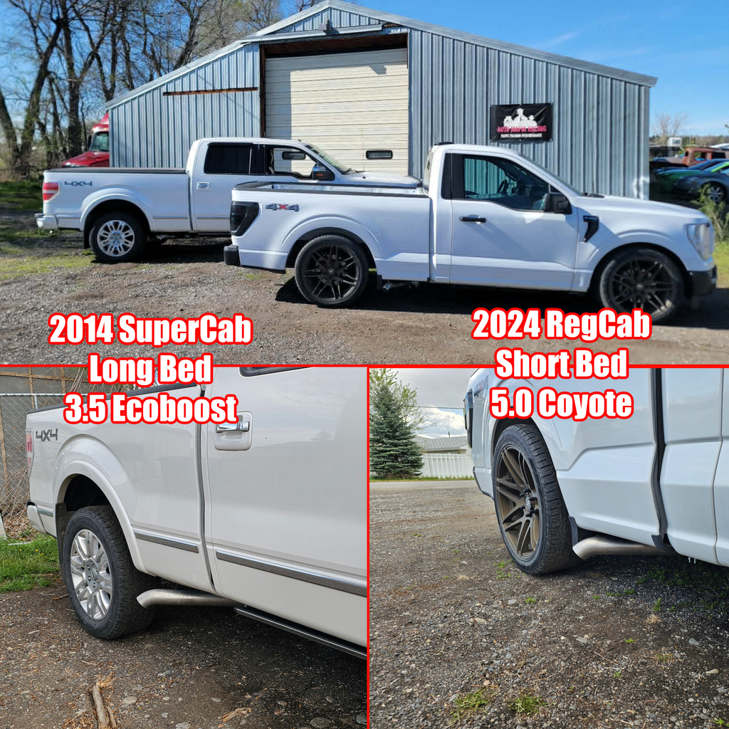 Two white pickup trucks, one from 2014 and the other from 2024, parked side by side with text labels on features. Depicting a one of a kind side exit style exhaust